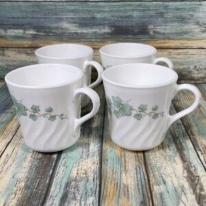 Set of 4 Vintage CORELLE Callaway Ivy Corning Swirl Coffee White Cups Mugs USA